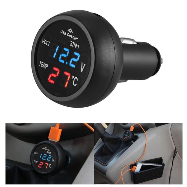 Voltímetro digital LED para coche 3 en 1 de 12/24 V + termómetro + cargador USB (azul)