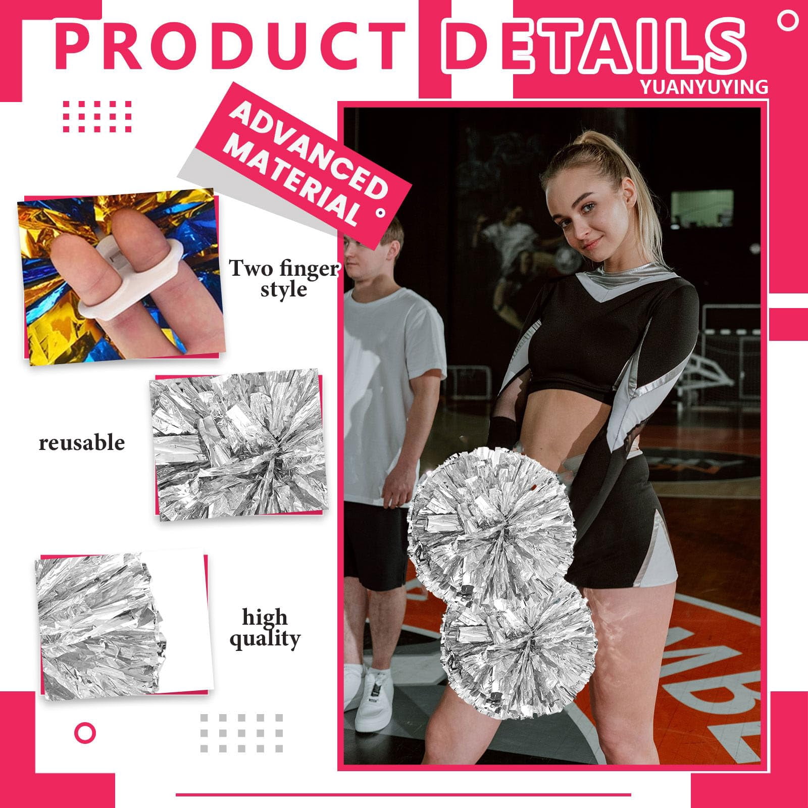 8 Pcs Cheerleading Pom Poms, Cheerleader Pompoms with Finger Holes,Fit for Team Spirit Sports Dance Cheering