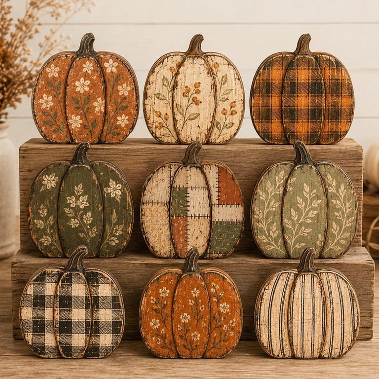 Wuthering Wooden Block Vintage Patchwork Pumpkin Wooden Block, 5 Inch ...