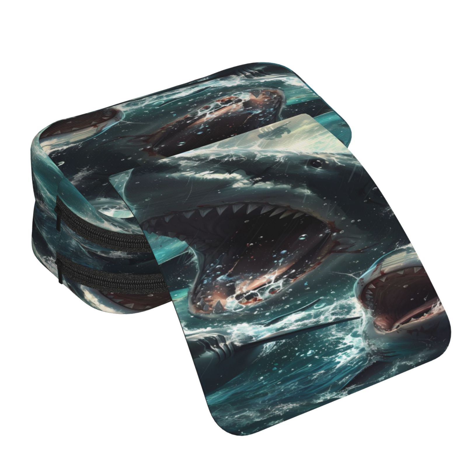Rateoe Wave Ocean Animal Shark Pattern Double Clamshell Pen Case, Storage Organizer with Two Zipper Compartments– Holds Up to 50 Pencils & Pens