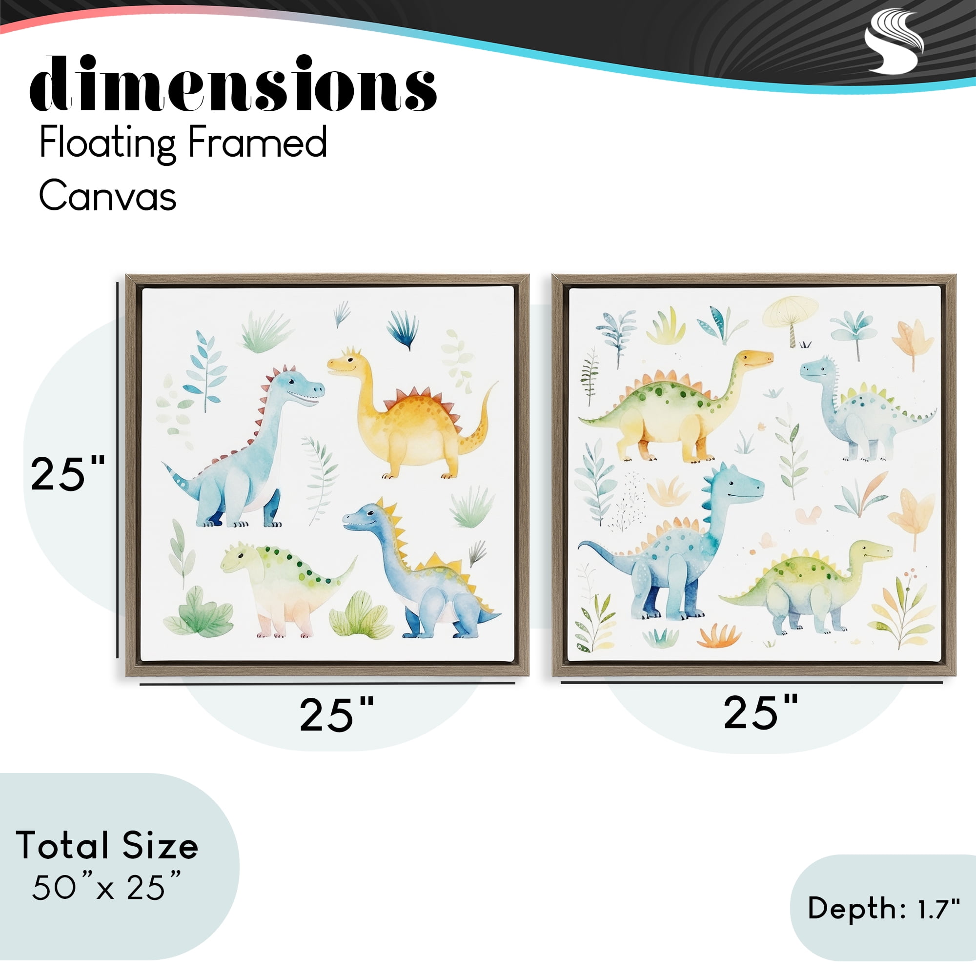 Stupell Industries Playful Dinosaur Wonders 2 Piece Brown Framed Floater Canvas Set, design by Lazar Studio
