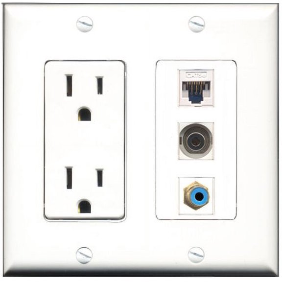 RiteAV - 15 Amp Power Outlet 1 Port RCA Blue 1 Port 3.5mm 1 Port Cat5e Ethernet White Decorative Wall Plate