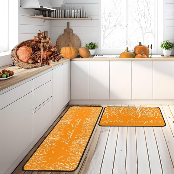 Fall Kitchen Rugs and Mats Set of 2, Fall Decorations for Home Non Slip Backing Holiday Kitchen Rug Autumn Decor Orange Kitchen Floor Mat 17"X47" 17"X30"