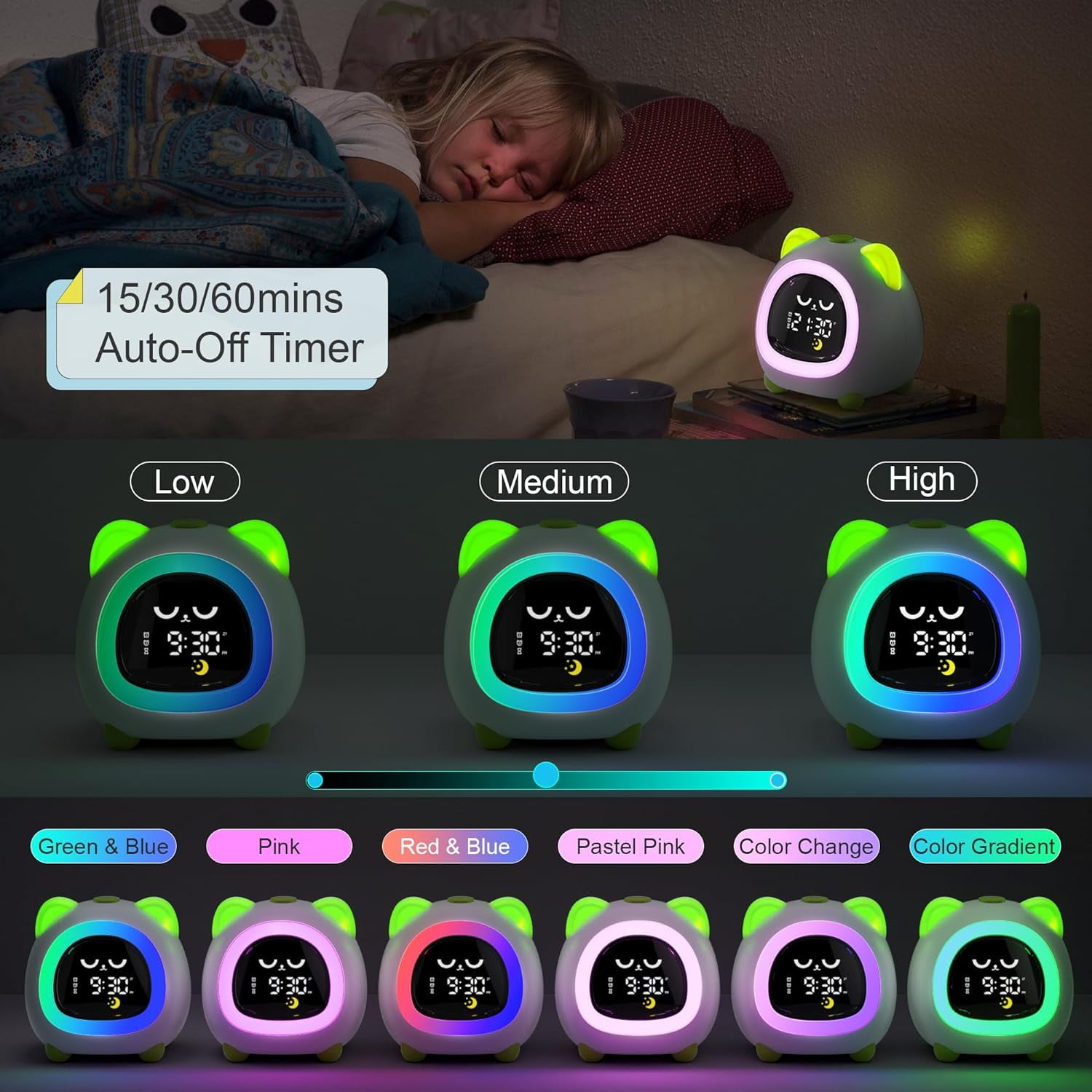 Sailstar OK to Wake Clock with Snooze Mode and 6 Colors Night Light, Cat Kids Alarm Clock for Boys and Girls