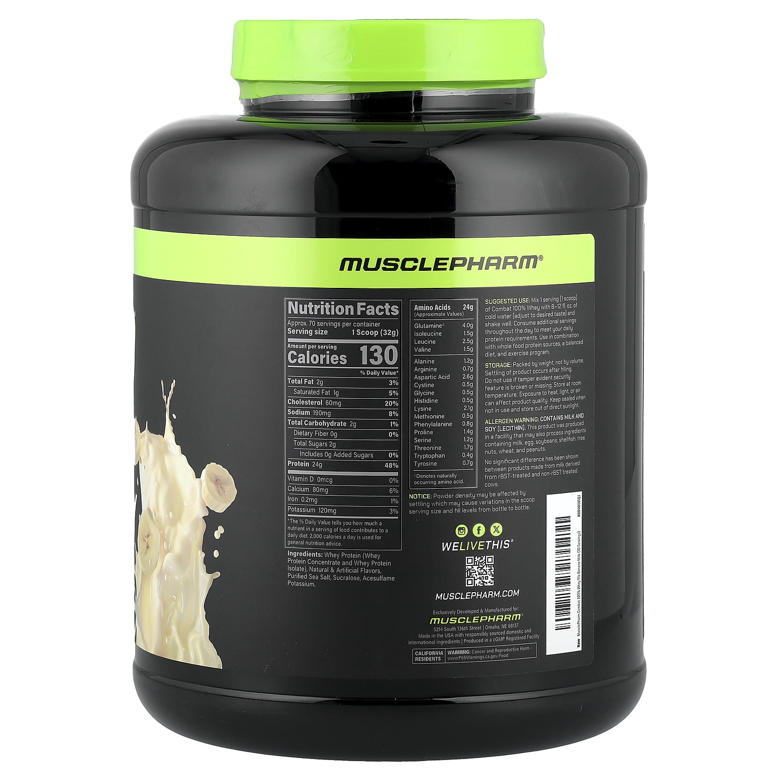 MusclePharm Combat® 100% Whey Protein Powder, Banana Milk, 5 lbs (2.25 kg)