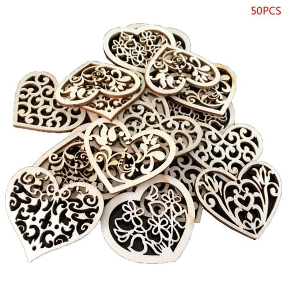 50pcs Carving Hollow Heart Flower Wooden Painting Scrapbooking Craft Handmade DI