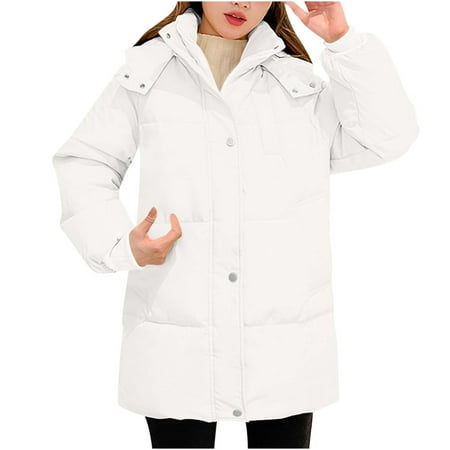 Xdegoge Women s Winter Padded Coat Zip Up Stand Collar Hooded Quilted Jackets with Pockets Mid-Length Solid Color Casual Baggy Windproof Down Coat 2025 Winter Trendy Warm Outerwear