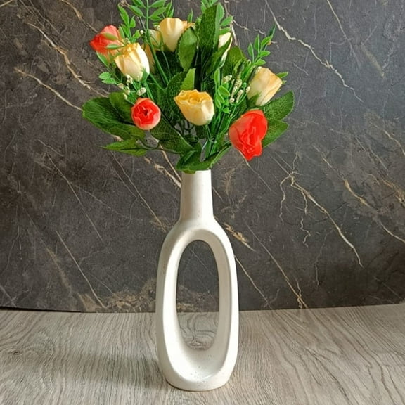 India Meets India Ceramic Vase [Off-White], Modern Minimalistic Hollow Design Decorative & Pampas Dried Flowers Vase for Home Decoration/Living Room/Bedroom/Office/Table/Bookshelf, 8.5 INCHES