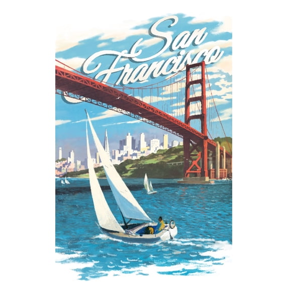 San Francisco, California, Golden Gate Bridge and Sail Boat (36x54 Giclee Gallery Art Print, Vivid Textured Wall Decor)