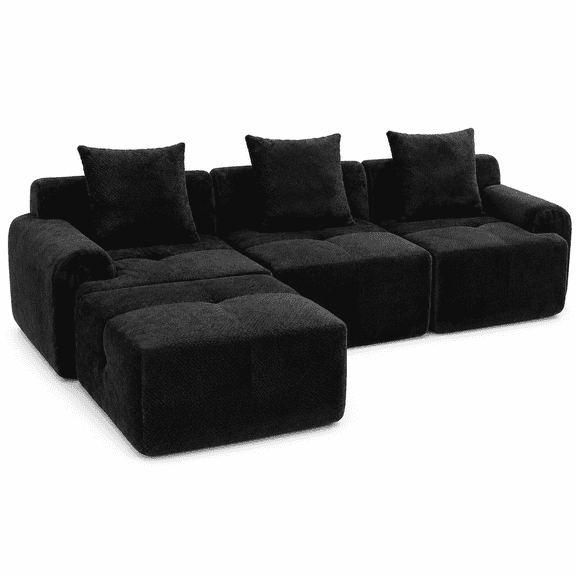 104" Modern Modular Sectional Sofa, Convertible Tufted Cloud Couch with 3 Pillows, Boneless Floor Sofa with Fuzzy Fabric for Living Room, Apartment, Charcoal