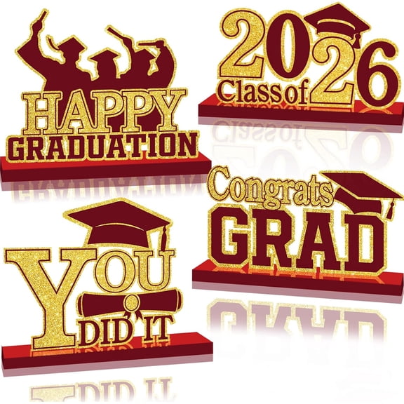 4Pcs Graduation Decorations Class of 2026 Wood Table Centerpieces Congrats Grad Wooden Sign Graduation Table Toppers Congratulate Tiered Tray Decor for 2026 Graduation Party (Maroon-Gold)