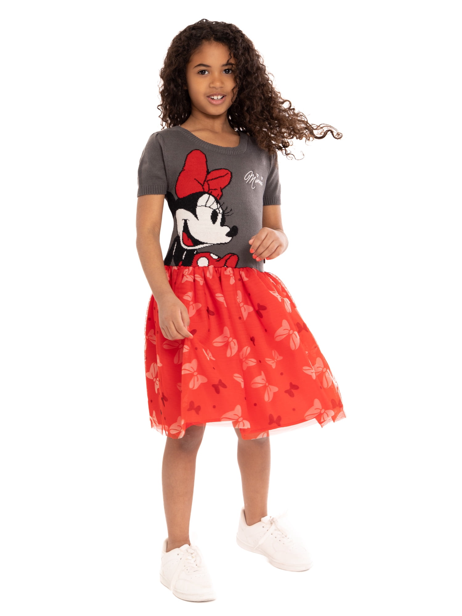 Minnie Mouse Girls Sweater Top Dress with Mesh Skirt, Sizes 4-16