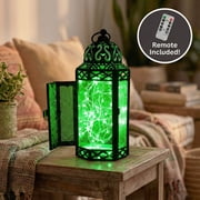 Moroccan Metal Candle Lantern Holder with LED Fairy String Lights, Medium, Green