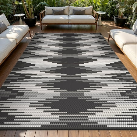 SIXHOME Outdoor Rug Carpet 9 x12  Waterproof Reversible Patio Rug Portable Modern Indoor Outdoor Rug Plastic Straw Rug for RV Camping Garden Picnic Deck Backyard Boho Porch Decor Black and Gray