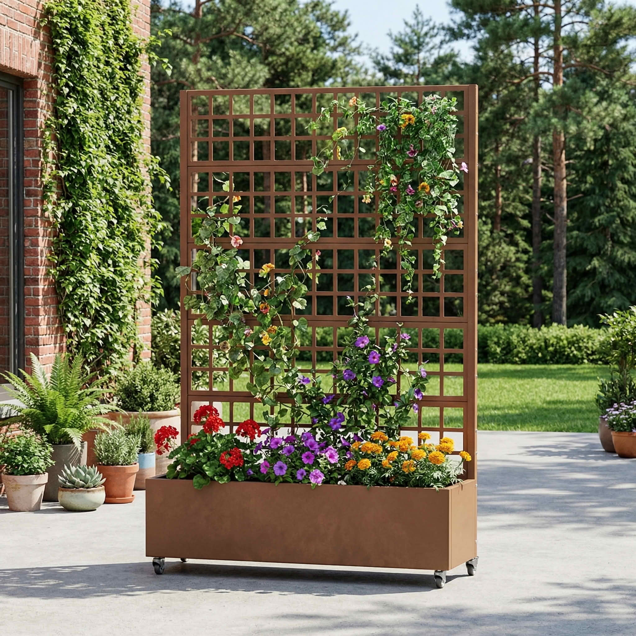 MAYEERTY 72X47" Metal Outdoor Brown Privacy Screen with Planter Box for Backyard & Garden, 5 Piece Set