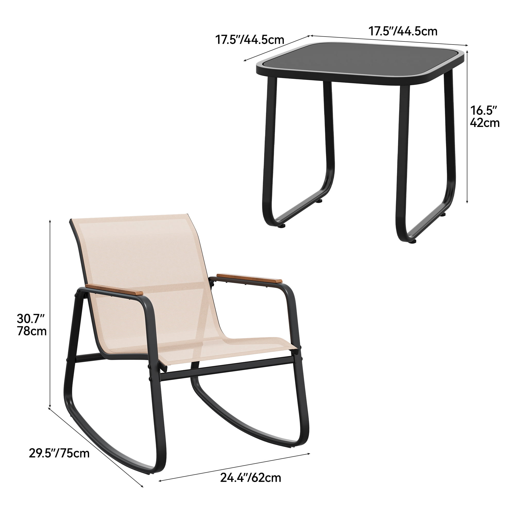 Uforic 3 Piece Patio Rocking Bistro Set, Textilene Outdoor Rocking Chairs with Wooden Armrest, Tempered Glass Side Table, Furniture Set for Garden Balcony Poolside, Beige