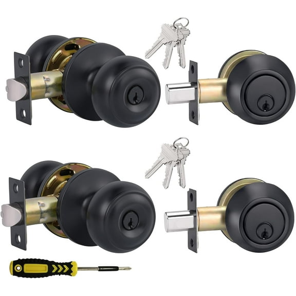 2 Sets All Keyed Alike Entry Door Knobs and Single Cylinder Deadbolt Lock Combo Set, Security for Entrance and Front Door with Classic Flat Ball Matte Black Finish by