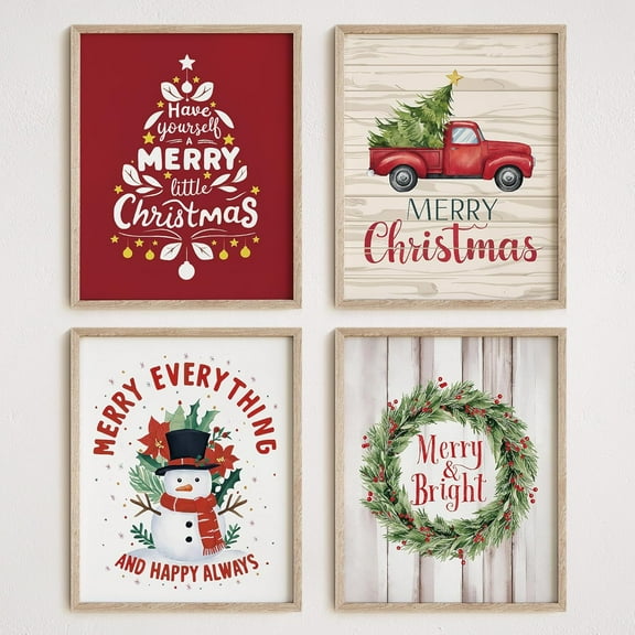 Hieng 4Pcs Farmhouse Christmas Wall Decor Prints, Festive Holiday Wreath Snowman Christmas Decorations Unframed