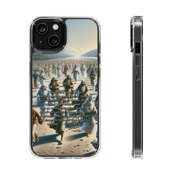 DistinctInk Hybrid (Acrylic / TPU) Clear Slim Fit Case for Apple iPhone 13 MINI (5.4" Screen) - Hebrews 12:1 - Running with Perseverance towards Jesus