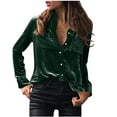 thumbnail image 2 of AXXD Green Basic Crewneck Sweatshirts Women Summer 2024 Satin Pocket Business V-Neck Solid-color Commute Long Sleeve Blouses Shirt Tops, 2 of 5
