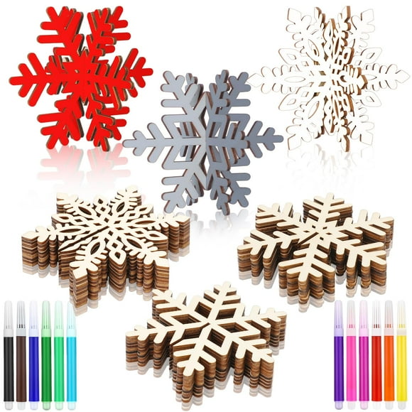 Conjunto de Manualidades Navideñas Blosssound 36 Copos de Nieve de Madera y 12 Marcadores