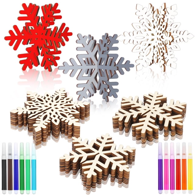 Conjunto de Manualidades Navideñas Blosssound 36 Copos de Nieve de Madera y 12 Marcadores