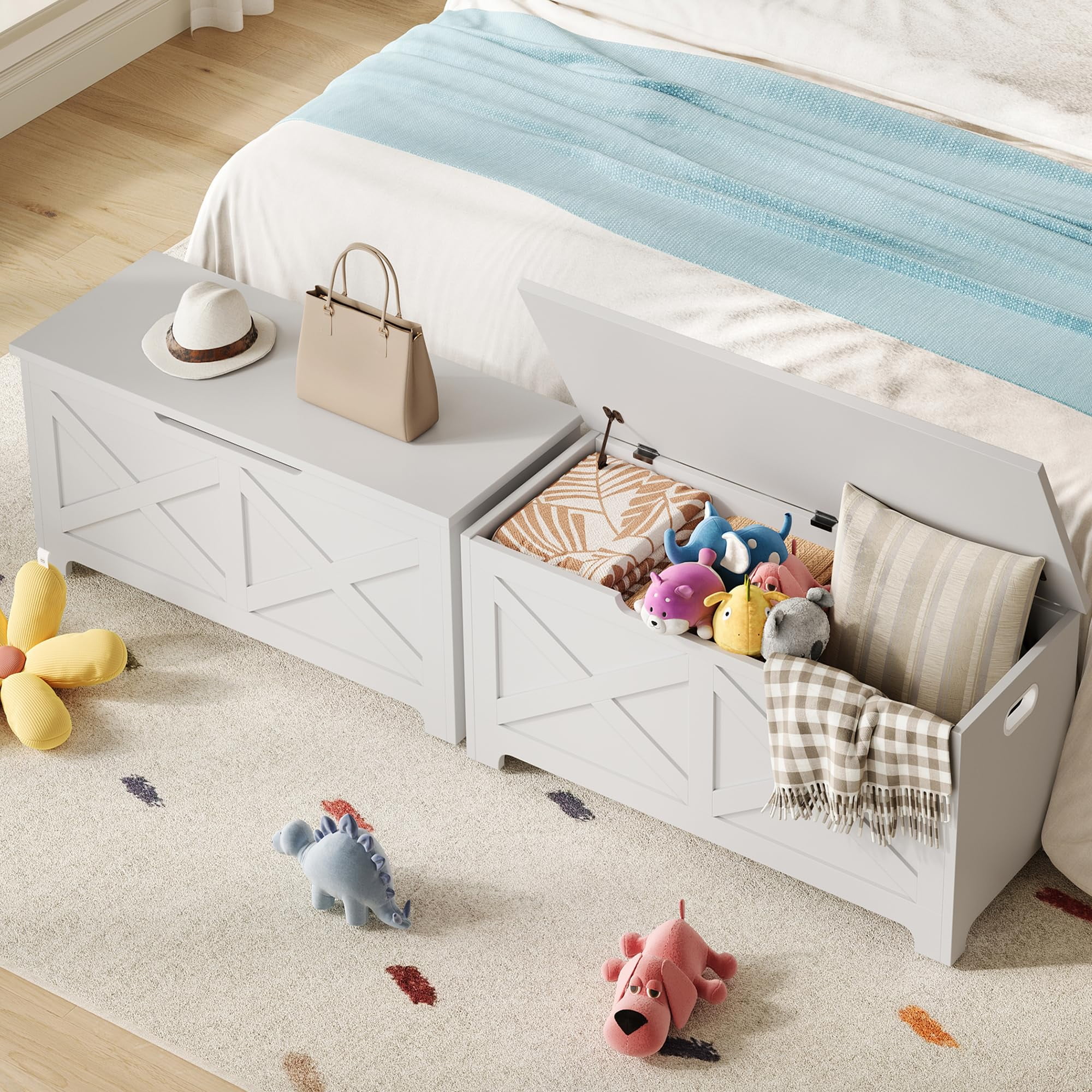 Soonbuy Storage Chest, 39.4" Storage Bench with Safety Hinge, Farmhouse Style Wooden Toy Chest for Entryway, Bedroom, Living Room