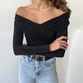 thumbnail image 6 of Women Off the Shoulder Long Sleeve Bodysuit One Lined Thong Bodysuit Black S, 6 of 9