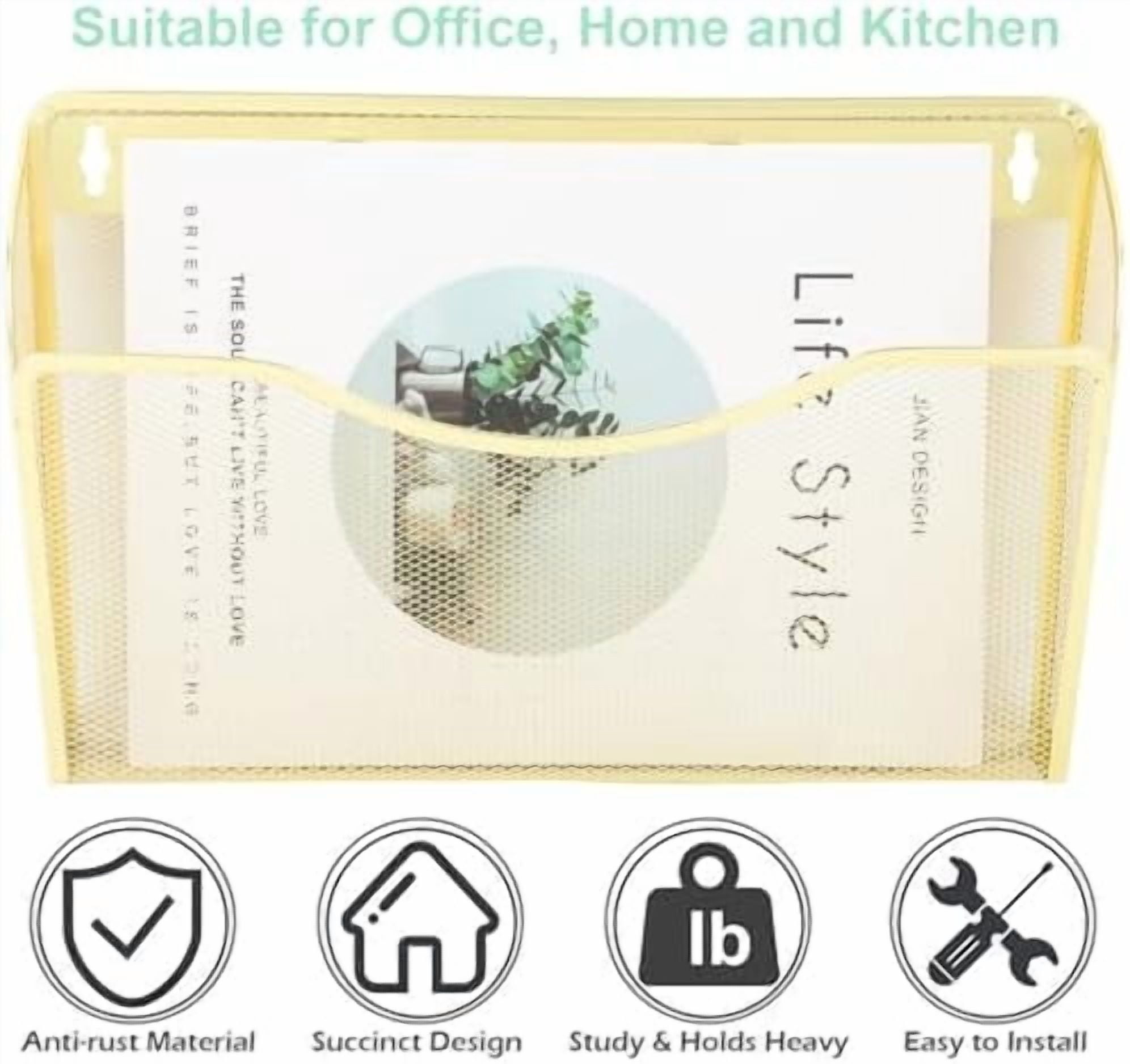 3 Single Pocket Mesh Hanging File Organizer, Vertical Wall Mounted Magazine File Holder, Mount Basket Mail Paper Document Folder Organizing for Office, Home and School, Gold