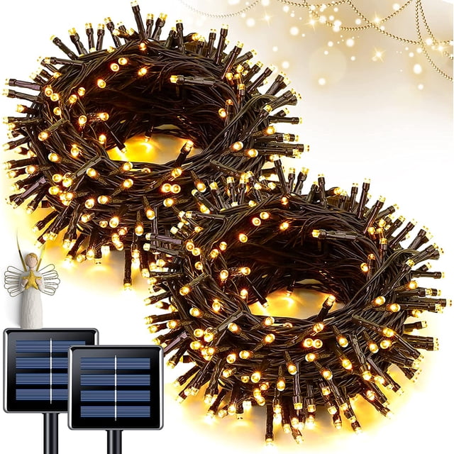 JMEXSUSS Paquete de 2 luces solares navideñas blancas, 100 LED de 42.7 pies luces solares al aire libre impermeables, 8 modos de alambre verde luces solares para árbol para decoración de Navidad, jard