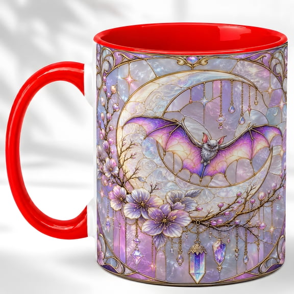 Pastel Bat Coffee Mug, Crescent Floral Mug, Ceramic 11 oz