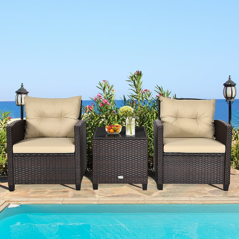 Patiojoy 3 Pieces Wicker Cushioned Conversation Set Outdoor Rattan Furniture with Beige Cushions