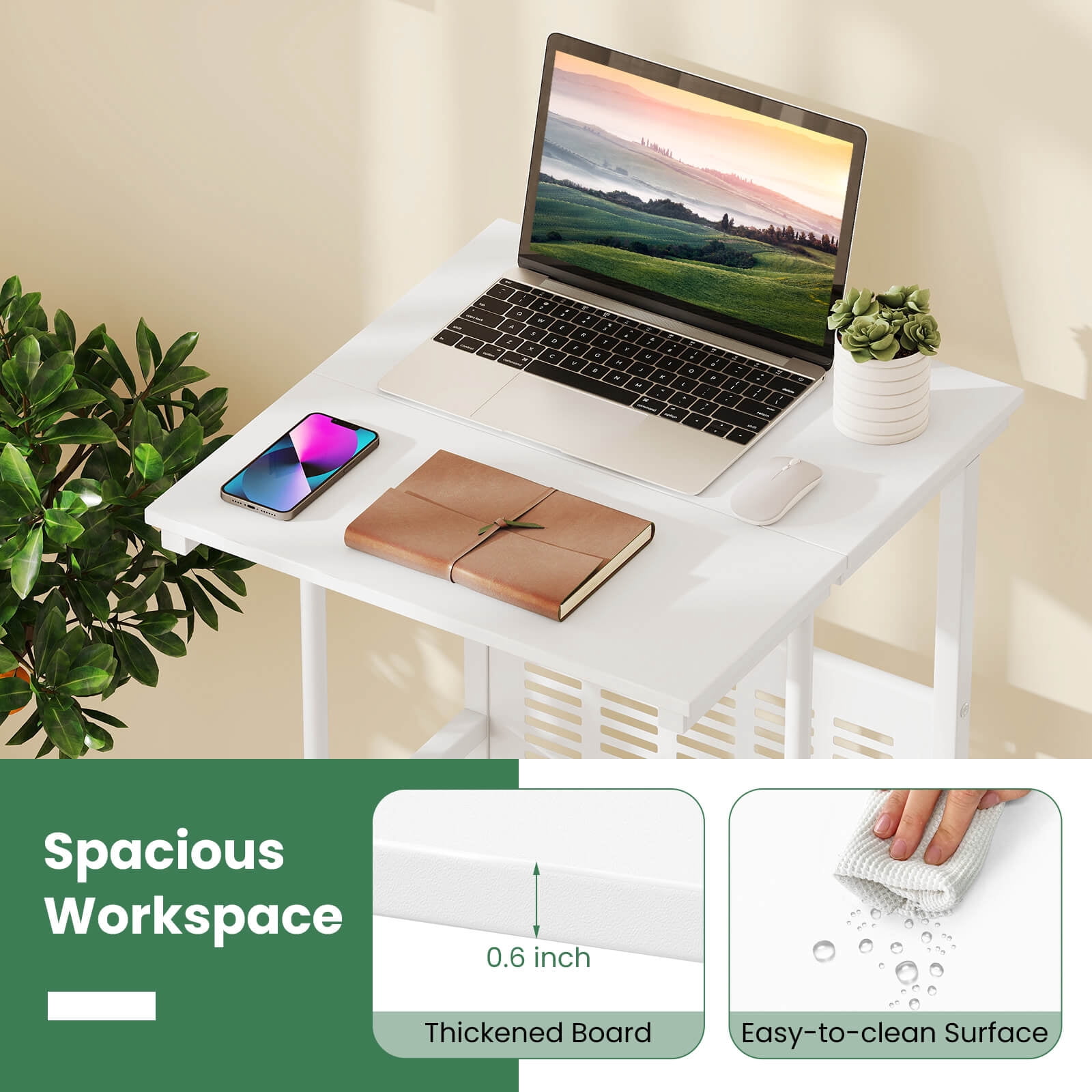 Costway Mobile Stand Up Desk Height Adjustable Computer Standing Desk with wheels &Footrest,White