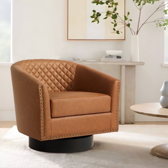 DREAMSIDEA Swivel Accent Chair for Living Room, PU Leather 360°Swivel Barrel Club Chair Comfy Single Reading Chair - Coffee