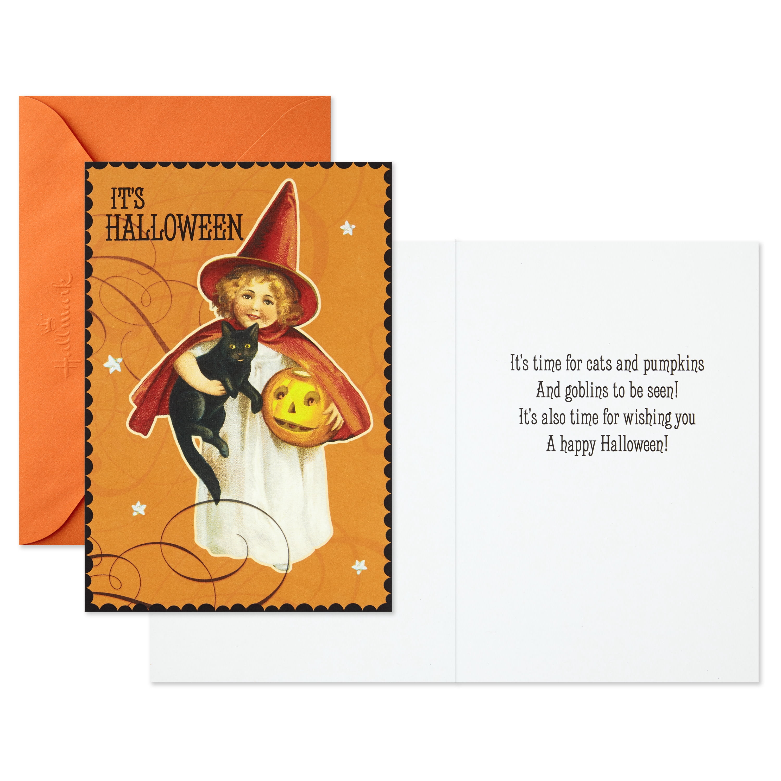 Hallmark Halloween Cards (Vintage Girl With Cat), Pack of 6, 6 Count