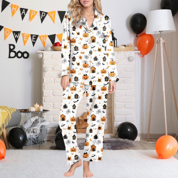 LIZUOJUN Women Pajama Sets Long Sleeve Pants Sleepwear 2 Piece Lounge Set Soft Comfortable Breathable Pjs Loungewear Notch Collar Halloween Print Pajama Holiday Sleepwear - L