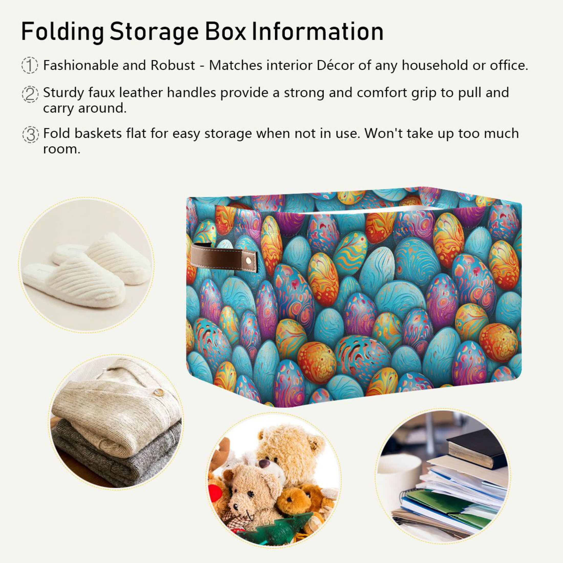 Easter Eggs with Abstract Flowers Storage Bins with Handle Fabric Organizer Basket Foldable Box 2 Pack 14.2x10.2x8.3