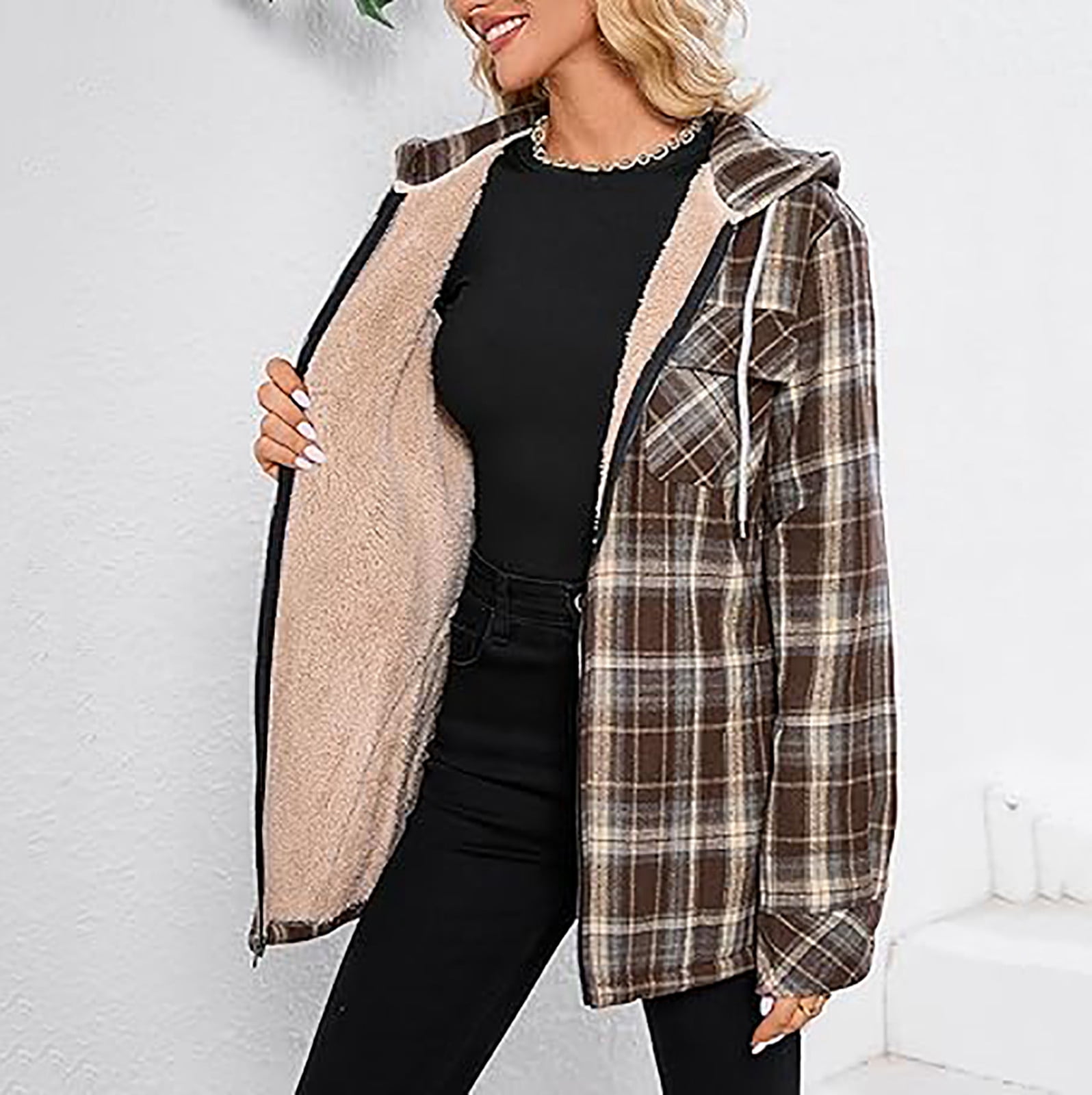 Womens Sherpa Fleece Lined Flannel Jacket Button Down Plaid Lightweight Flannel Shirt Jacket Women