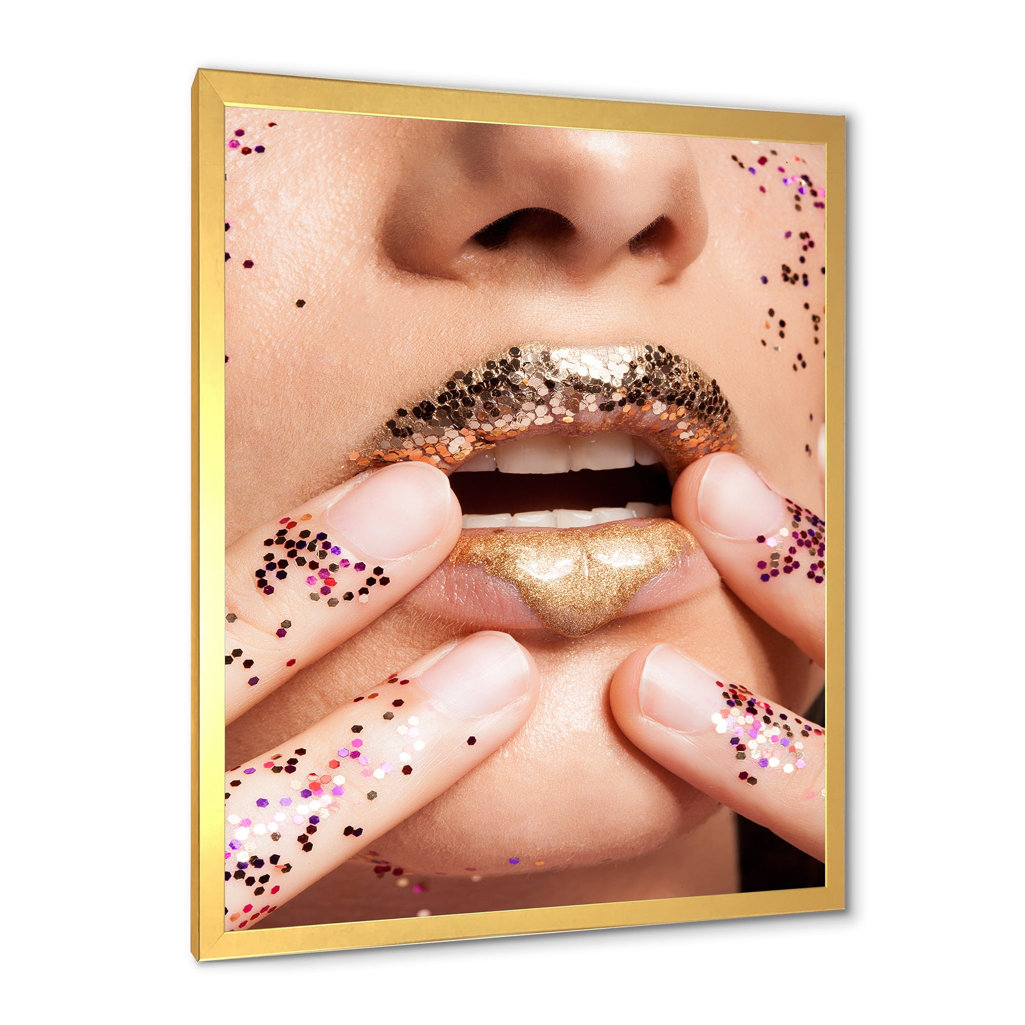 Designart 'Female With Golden Lips and Glitter On Her Hands' Modern Framed Art Print