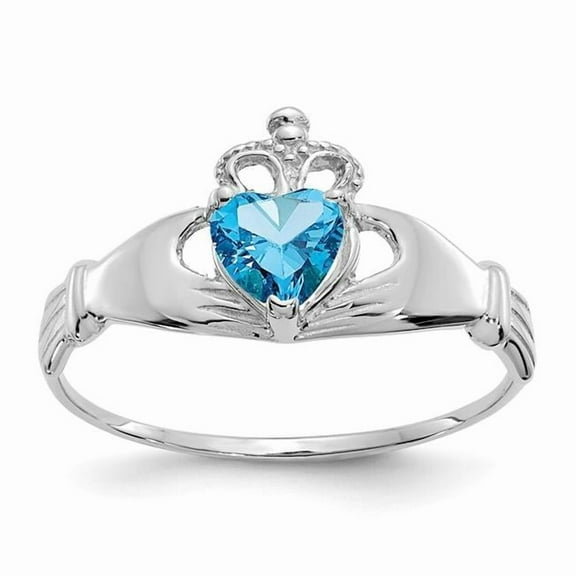 Finest Gold 14K White Gold CZ December Birthstone Claddagh Heart Ring, Size 7