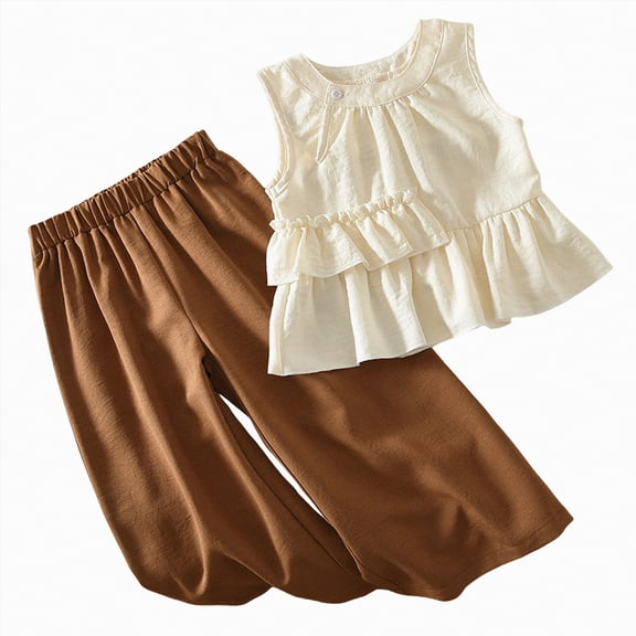 TOWED22 Toddler Girl Infant Baby Outfits 2pcs Sleeveless Smocked Strap Camisole Stripe Long Pants Summer(Khaki,2-3 Y)