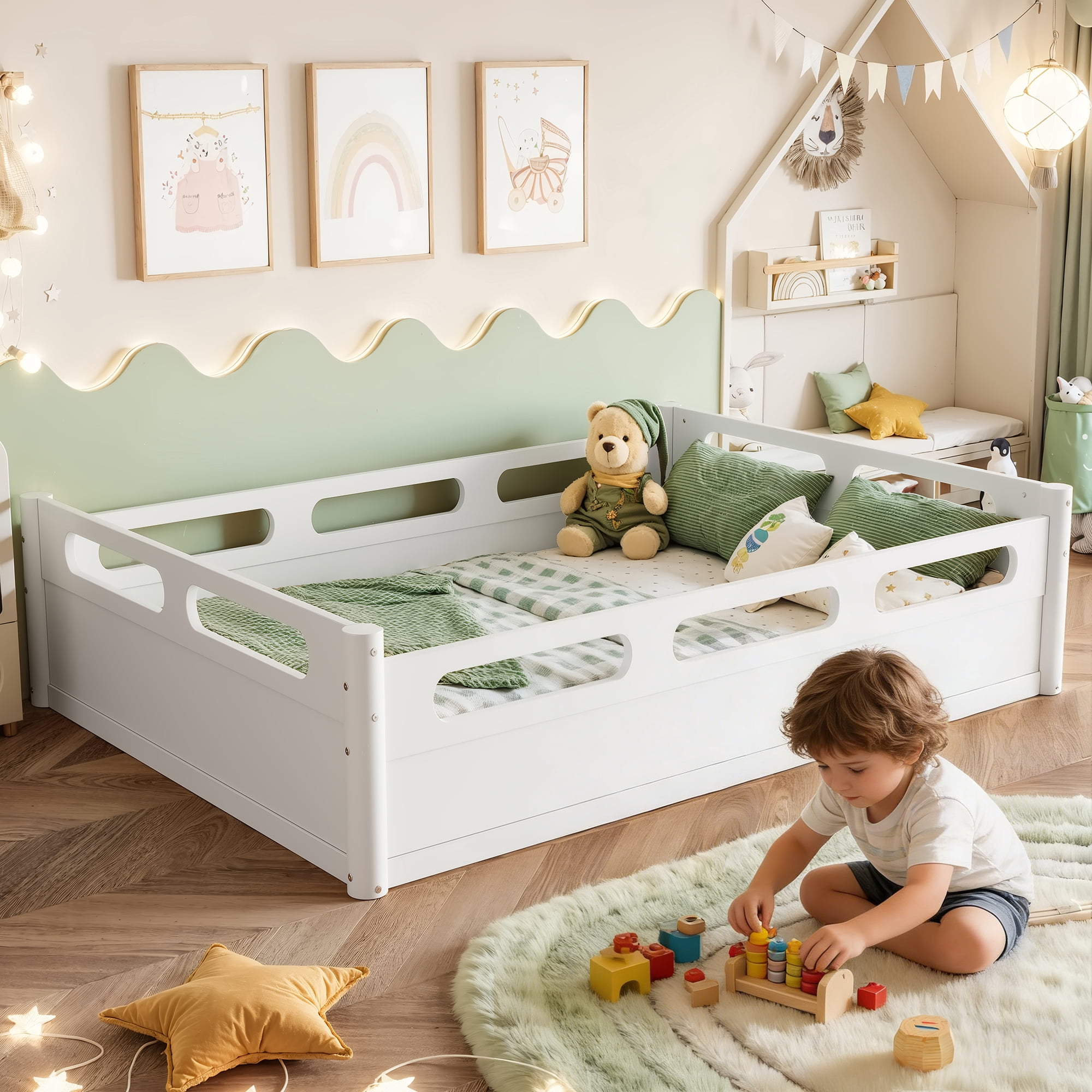 Leumius Full Size Floor Bed with Full-length Guardrails,Low Profile Montessori Bed Frame,Easy Assembly, No Box Spring Needed,White