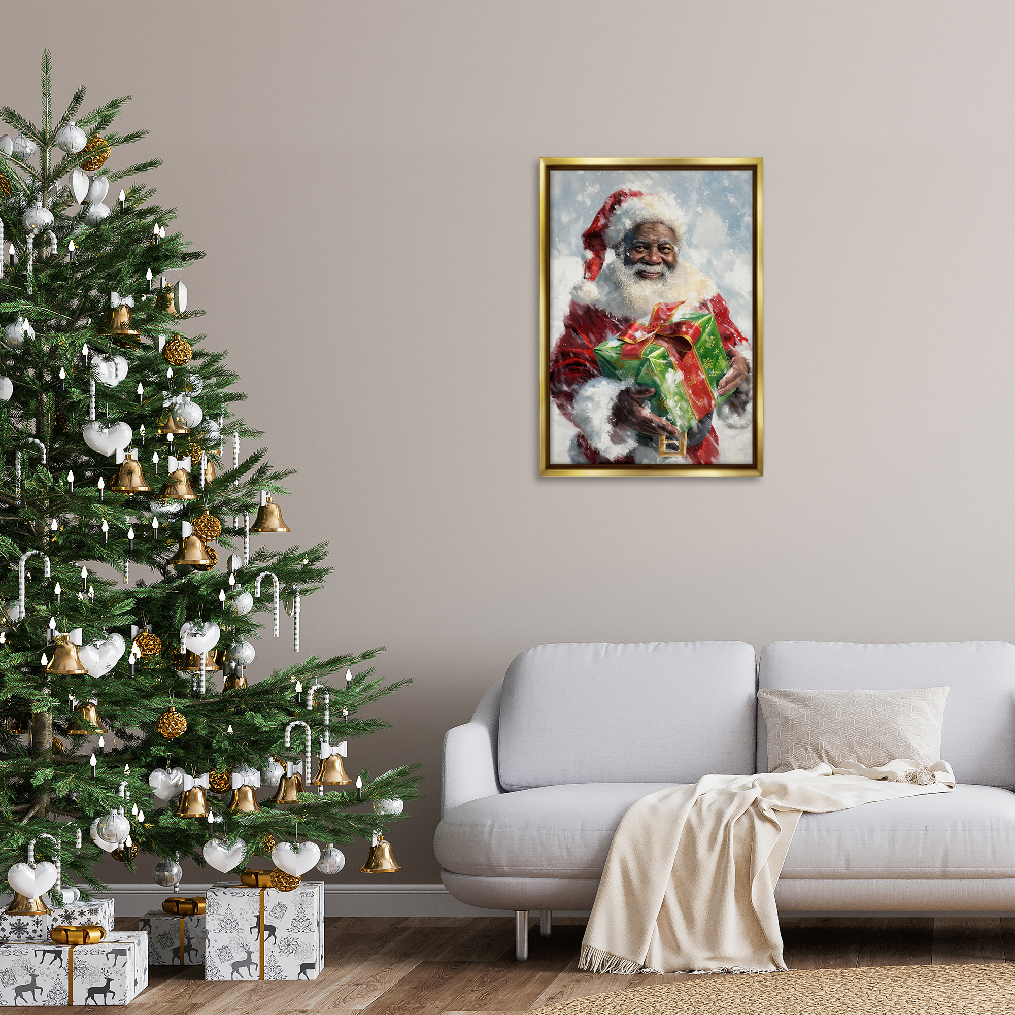 Stupell Industries Santa Claus & Gift Holiday Painting Gold Floater Framed Art Print Wall Art, 21 x 31
