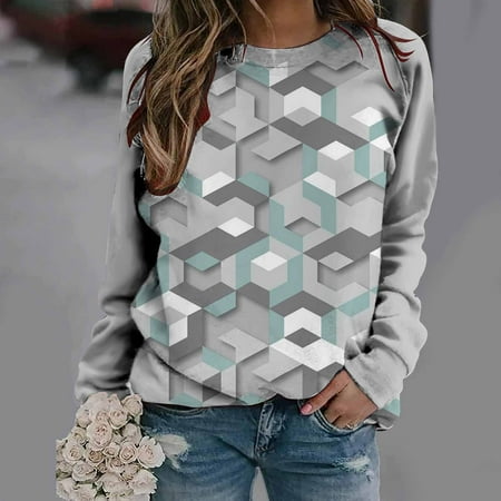

YFPWM Boho Tops for Women Maternity Tank Top Fringe Tops Cake Top Fishnet Top Long Sleeve Shirts Geometric Rhombus Print Round Neck Sweatshirt