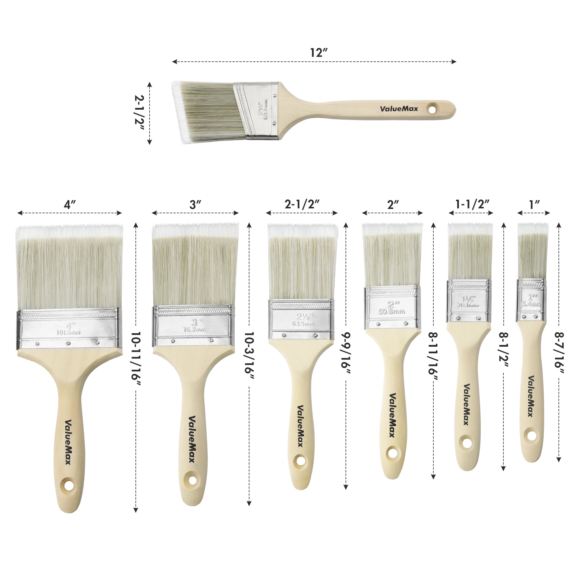 ValueMax 7PC Paint Brushes Set , Includes Flat/ Angled Paint Brushes, Small Paintbrush, Birch Wood Handle, Thick Bristle, DIY Paint Brush for Walls , Fences Doors , Furniture & Crafts , White