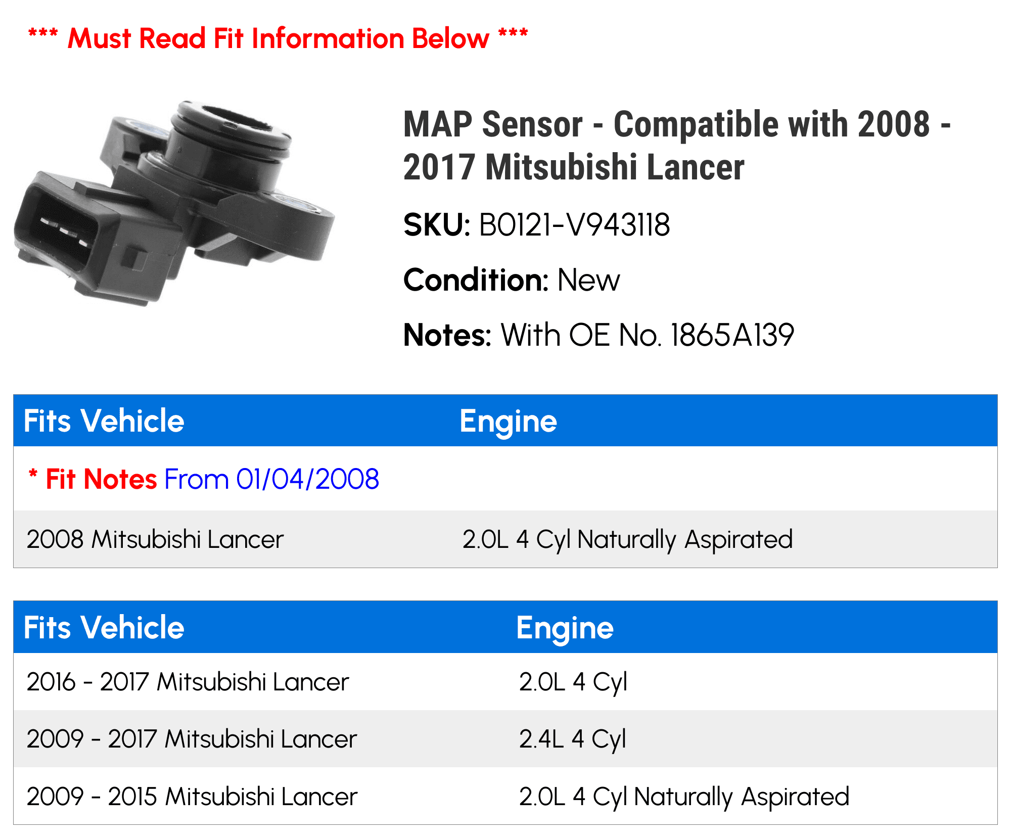 カーナビ MITSUBISHI / NR-MZ03 / MAP:2011 MAP Sensor - Compatible with 2008 - 2017 Mitsubishi Lancer