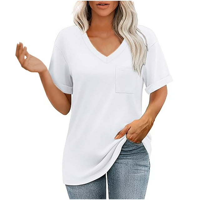 Plebaso T-Shirts à Manches Courtes Col en V pour Femmes avec Poche Tunique Légère Décontractée Unie Blouses pour Femmes