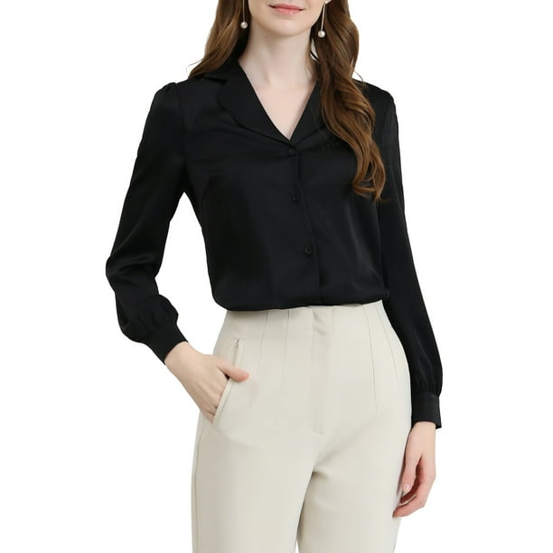 CAMISA DE SATÉN DE MANGA LARGA CON CUELLO PLANO PARA MUJERES INSPIRAR CHIC XL NEGRO
