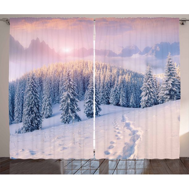 Mountain Curtains 2 Panels Set, Idyllic Winter Morning in Woodland Rising Sun Pine Trees Forest