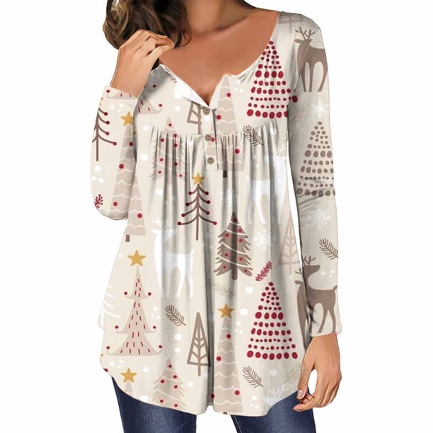 Pntutb Mujer Casual Navidad Impreso Jersey Cuello Redondo Manga Larga Botones Blusa tops Pntutb Pntutb-5331